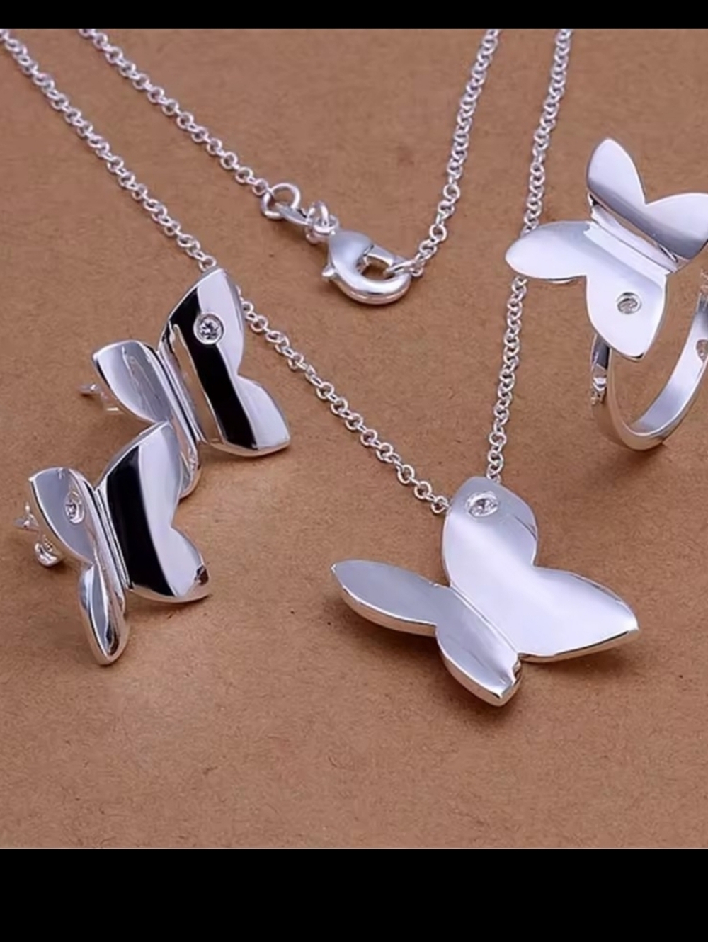 925 Sterling Silver Elegant Crystal Butterfly Necklace, Eartings, Ring